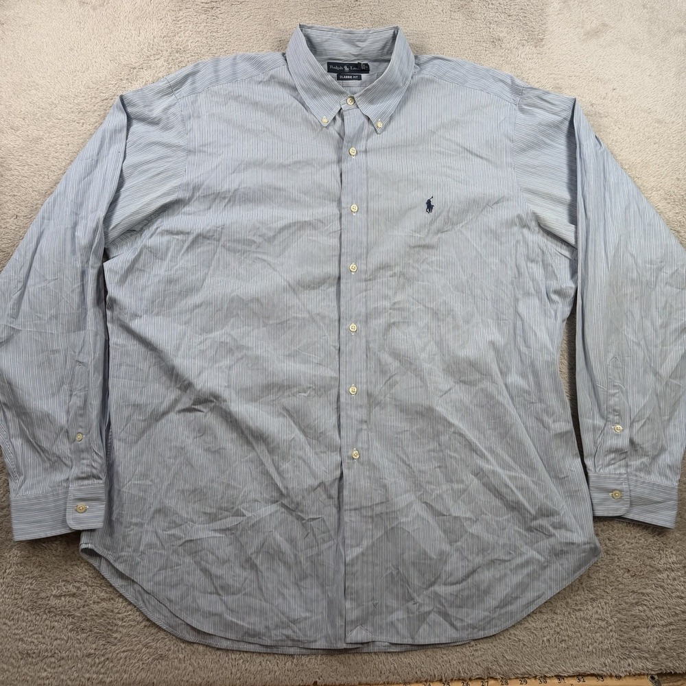 Polo Ralph Lauren Shirt Men 2XL Blue Striped Classic Fit Button Down Pony Cotton - Picture 2 of 8